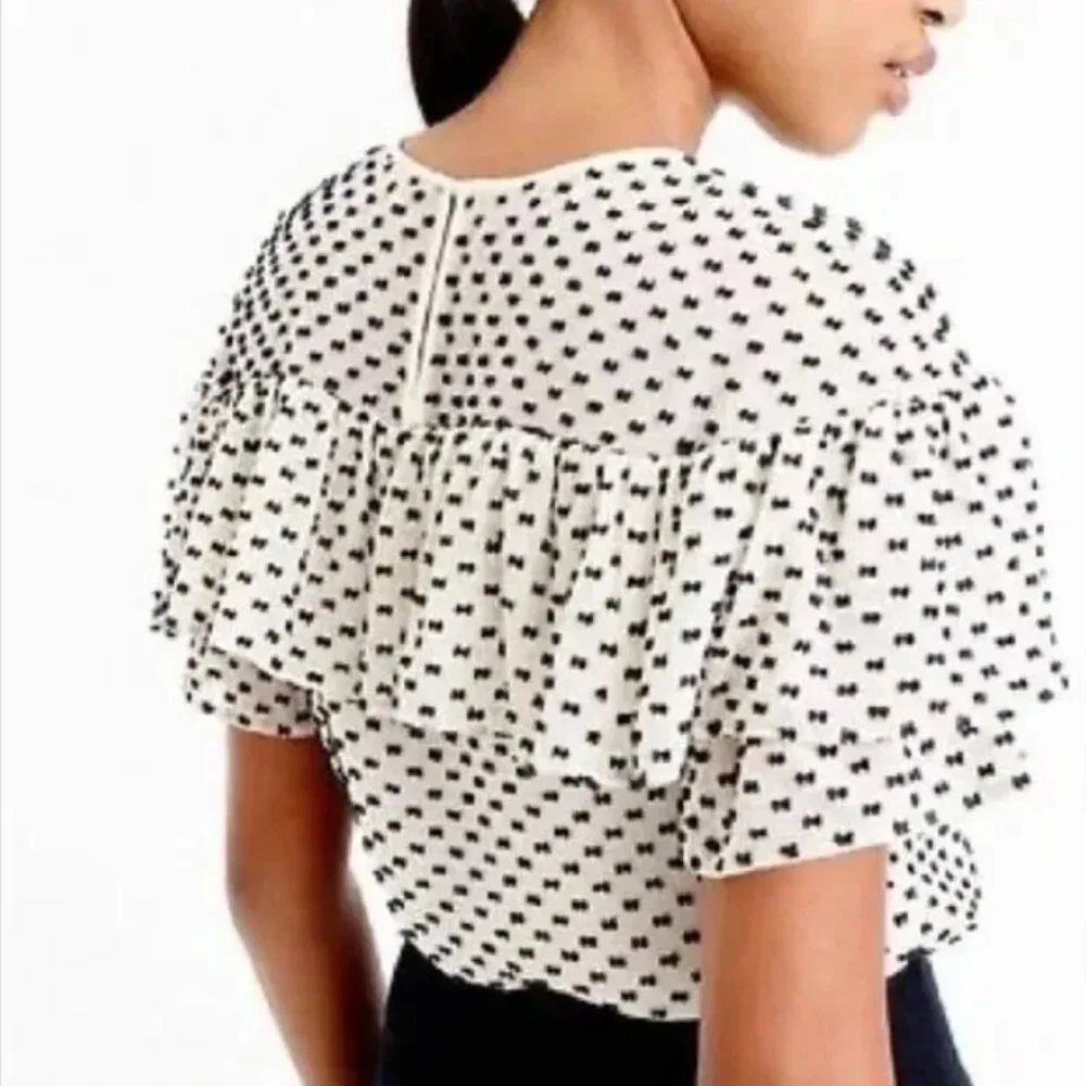 J. Crew Black Silk-Blend Ruffle Polka Dot Blouse - Size 0